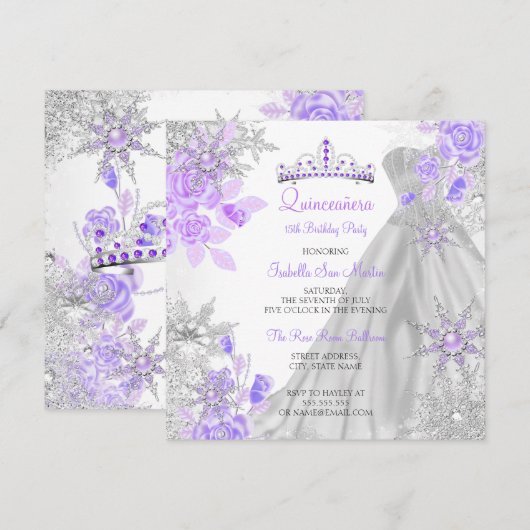 Quinceanera Paarse Winter Wonderland Snowflake 2 Kaart (Voorkant / Achterkant)