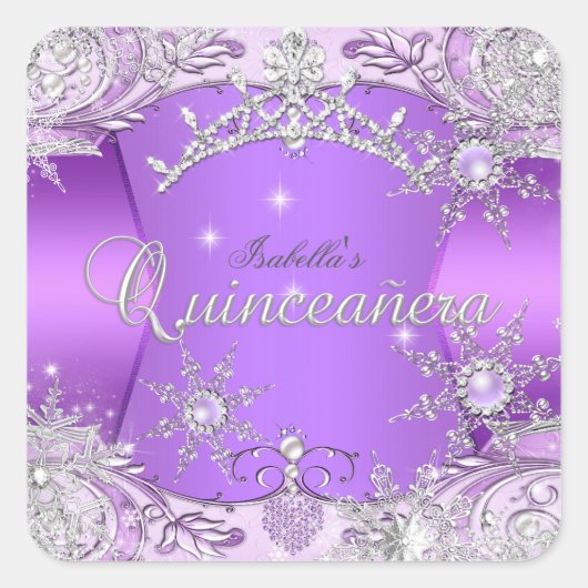 Quinceanera Paarse Winter Wonderland Vierkante Sticker (Voorkant)