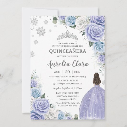 Quinceañera Paarse Wit Blauw Bloemen Wintersneeuw Kaart (Voorkant)