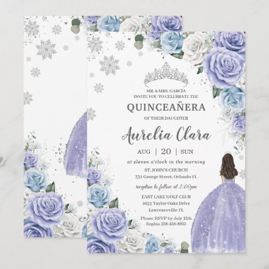 Quinceañera Paarse Wit Blauw Bloemen Wintersneeuw Kaart (Voorkant / Achterkant)