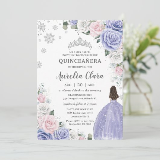 Quinceañera Paarse Wit Roze Bloemen Wintersneeuw Kaart (Staand voorkant)