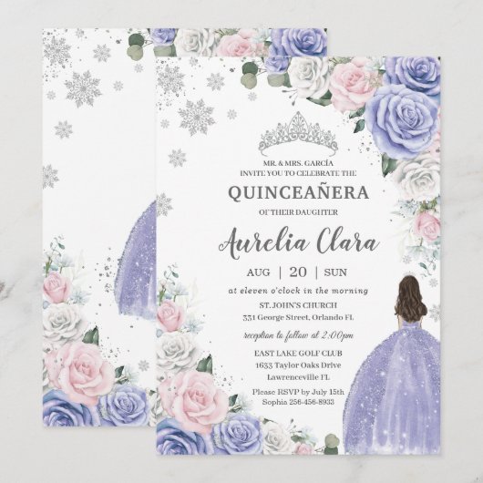 Quinceañera Paarse Wit Roze Bloemen Wintersneeuw Kaart (Voorkant / Achterkant)