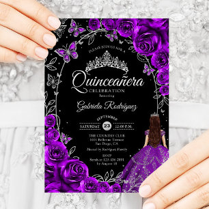 Quinceanera Paarse Zilveren Bloemen Kaart