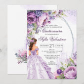 Quinceanera Paarse Zilveren Bloemuitnodiging Kaart (Voorkant / Achterkant)
