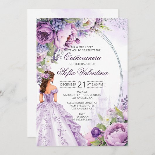Quinceanera Paarse Zilveren Bloemuitnodiging Kaart (Voorkant / Achterkant)