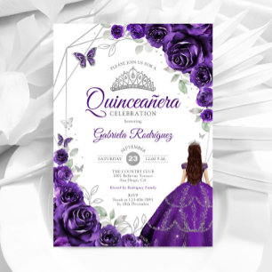 Quinceanera Paarse Zilveren Jurk Bloemen Kaart