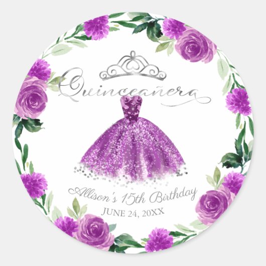 Quinceanera Paarse zilveren jurk Floral Ronde Sticker (Voorkant)
