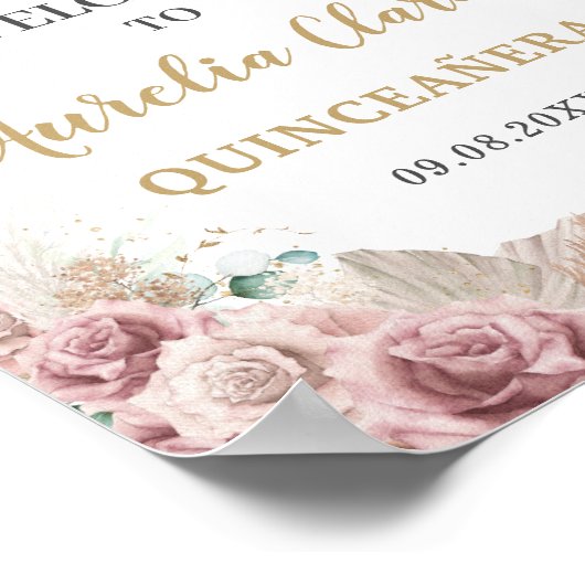 Quinceañera Pampas Grass Blush Bloemenvlinders Poster (Hoek)