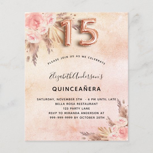 Quinceanera pampas roos budget uitnodiging flyer (Voorkant)