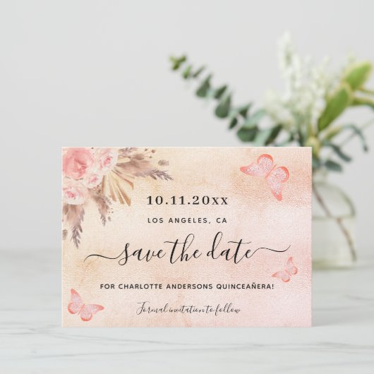 Quinceanera pampas roze butterfly save the date (Staand voorkant)