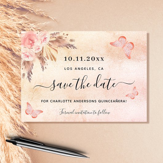 Quinceanera pampas roze butterfly save the date