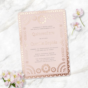 Quinceañera Papel Picado Blush Pink Rose Gold Folie Uitnodiging