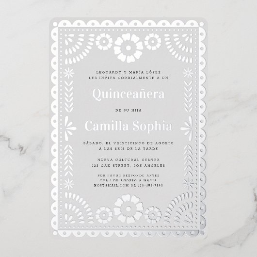 Quinceañera Papel Picado Elegant Grijs Zilver Folie Uitnodiging (Voorkant)
