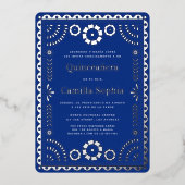 Quinceañera Papel Picado Elegant Royal Blue Silver Folie Uitnodiging (Voorkant)