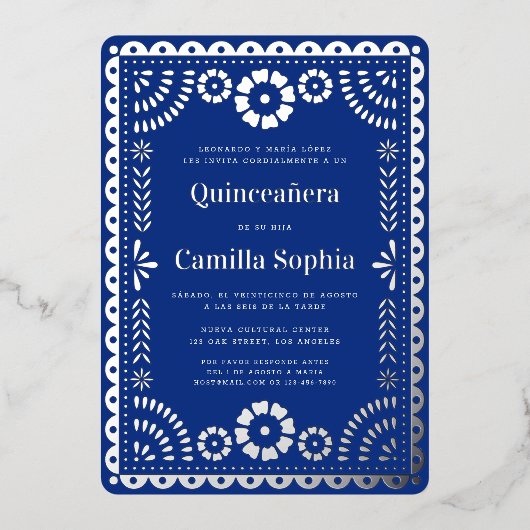 Quinceañera Papel Picado Elegant Royal Blue Silver Folie Uitnodiging (Voorkant)