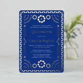 Quinceañera Papel Picado Elegant Royal Blue Silver Folie Uitnodiging (Staand Voorkant)