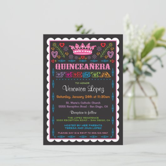 Quinceañera Papel Picado Fiesta Kaart (Staand voorkant)