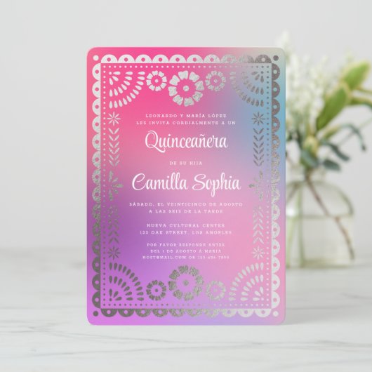 Quinceañera Papel Picado Fun Gradient Pink Silver Kaart (Staand voorkant)