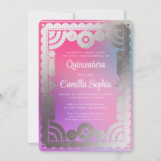 Quinceañera Papel Picado Fun Gradient Pink Silver Kaart (Voorkant)