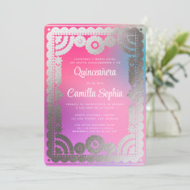 Quinceañera Papel Picado Fun Gradient Pink Silver Kaart