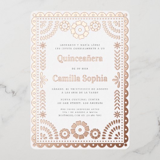 Quinceañera Papel Picado Wit Rose Gold Folie Uitnodiging (Voorkant)