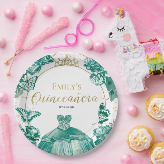 Quinceanera Paper Borden Smaragd Groene Jurk Papieren Bordje (Feest)