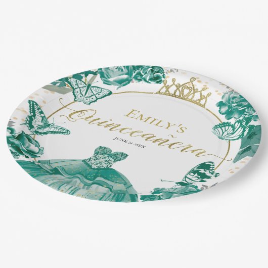 Quinceanera Paper Borden Smaragd Groene Jurk Papieren Bordje (Gekanteld)