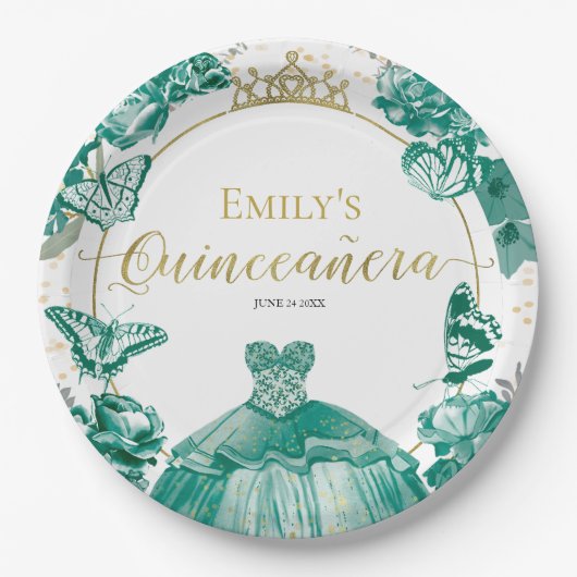 Quinceanera Paper Borden Smaragd Groene Jurk Papieren Bordje (Voorkant)