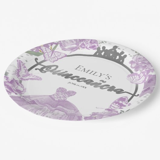 Quinceanera Papier Borden Lavendel Jurk Bloemen Papieren Bordje (Gekanteld)