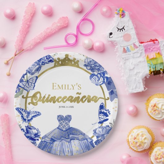 Quinceanera Papier Borden Royal Blue Dress Bloemen Papieren Bordje (Feest)