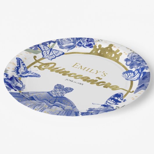 Quinceanera Papier Borden Royal Blue Dress Bloemen Papieren Bordje (Gekanteld)