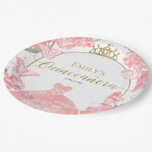 Quinceanera Papier Borden Roze Jurk Bloemen Goud Papieren Bordje (Gekanteld)