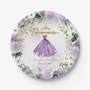 Quinceanera Papieren Borden Paars Bloemmotief Jurk Bordje