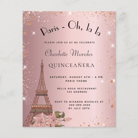 Quinceanera Paris blush roze budget uitnodiging Flyer (Voorkant)
