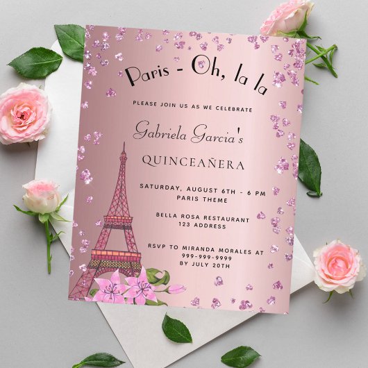 Quinceanera Paris blush roze budget uitnodiging Flyer