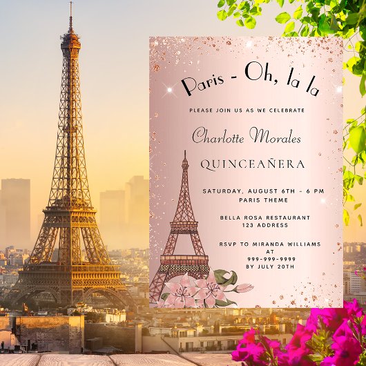 Quinceanera Paris Eiffeltoren roos goudglitter Uitnodiging Briefkaart