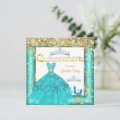 Quinceañera Partij Blauwgroen - Hoogwaardig goud Kaart (Staand voorkant)