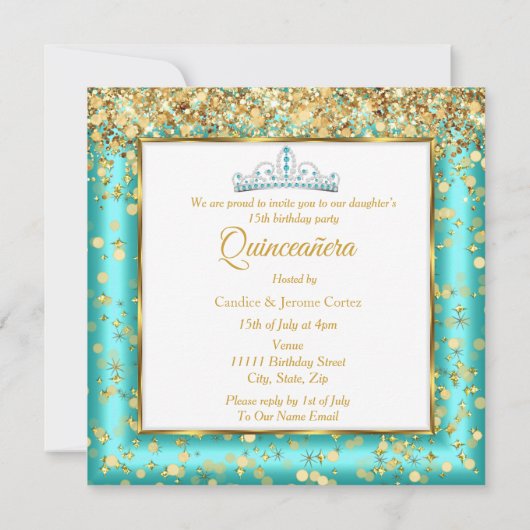 Quinceañera Partij Blauwgroen - Hoogwaardig goud Kaart (Achterkant)