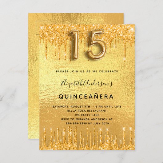 Quinceanera partij gouddruppels uitnodiging briefkaart (Voorkant / Achterkant)