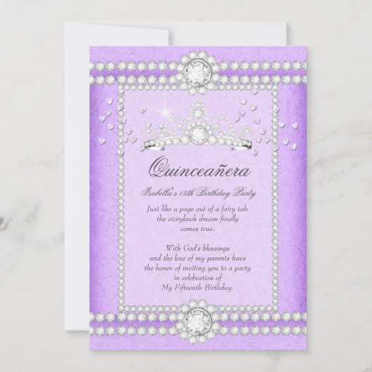 Quinceanera Partij  Lila Heart Diamond Tiara Kaart (Voorkant)