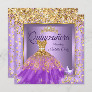 Quinceañera Partij Paars Dress High Heels Gold Kaart