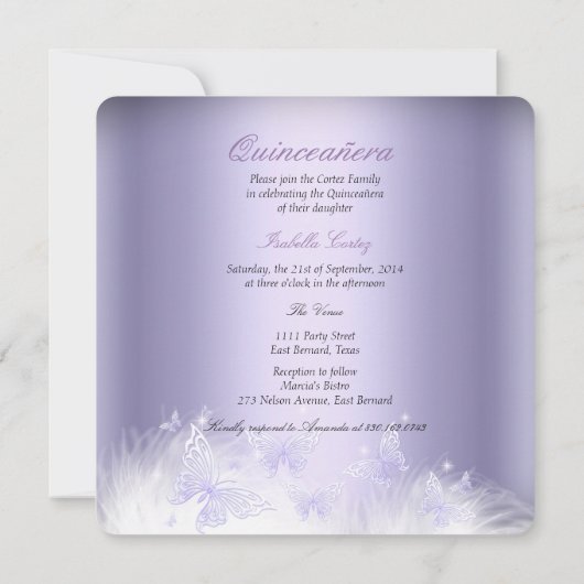 Quinceanera Partij Paarse Tiara Butterfly Kaart (Achterkant)