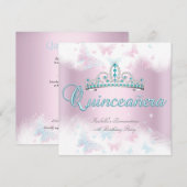 Quinceanera Partij roze Blauwgroen Tiara Butterfly Kaart (Voorkant / Achterkant)