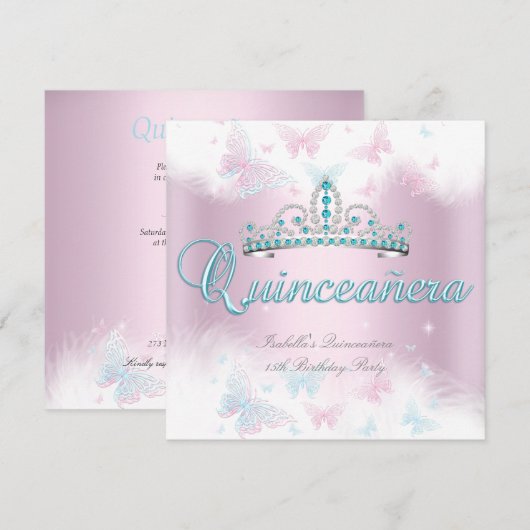 Quinceanera Partij roze Blauwgroen Tiara Butterfly Kaart (Voorkant / Achterkant)