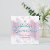 Quinceanera Partij roze Blauwgroen Tiara Butterfly Kaart (Staand voorkant)