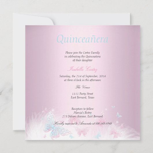 Quinceanera Partij roze Blauwgroen Tiara Butterfly Kaart (Achterkant)