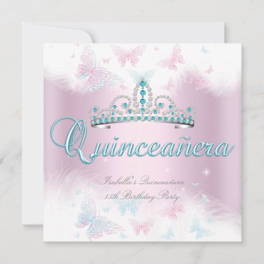 Quinceanera Partij roze Blauwgroen Tiara Butterfly Kaart (Voorkant)