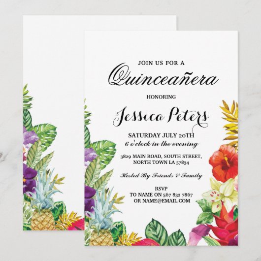Quinceanera Party Aloha Tropical Luau Tiki Invite Kaart (Voorkant / Achterkant)
