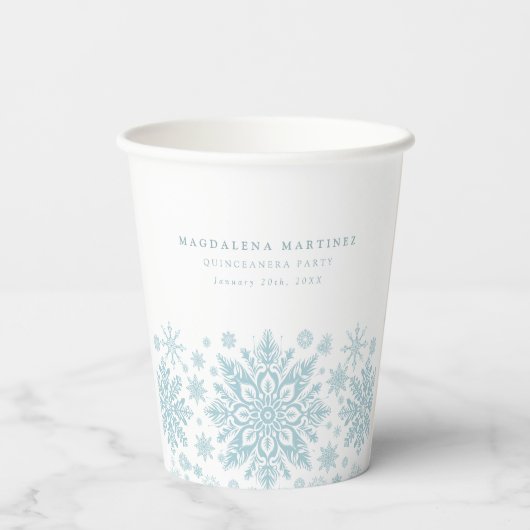Quinceanera Party Blauw Wit Sneeuwvlok Custom Papieren Bekers (Achterkant)