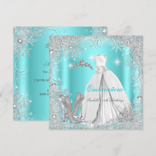 Quinceanera Party Blauwgroen Blue Silver Snowflake Kaart (Voorkant / Achterkant)